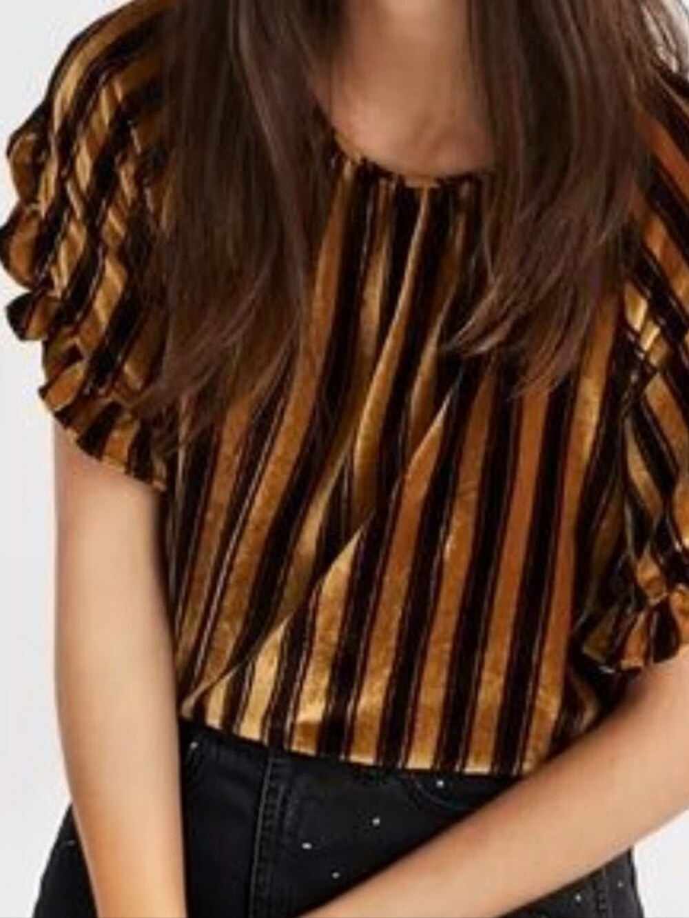 Madewell Vertical Striped Velvet Velour Ruffle Sleeve Top In Burgundy/Gold - M